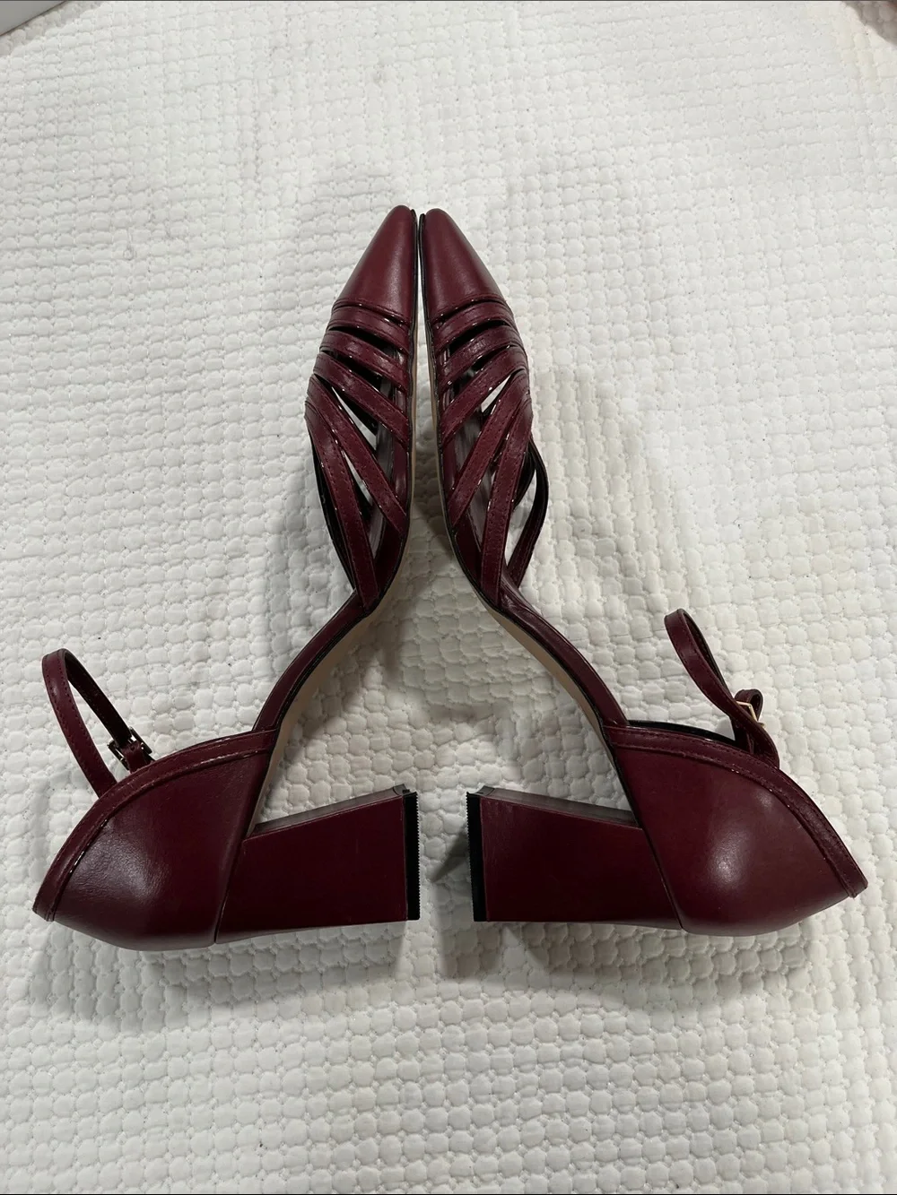 Corello Burgundy Leather Strappy Block Heel Pumps Ankle Strap Square Toe US 9